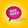 Comic pink speech bubble with expression text HOT SALE on yellow background. Vector bright dynamic cartoon color halftone Royalty Free Stock Photo