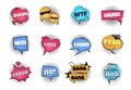 Comic pop art bubbles. Cartoon text balloon wow explosion sticker fun speech bubble comics retro cloud boom bubble