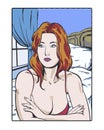 Comic pop art illustration of a melancholy redheaded young woman in romantic thought