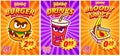 Comic poster set with burger, drink, and bloody sauce for fast food cafe in popart style. Vector illustration. Royalty Free Stock Photo