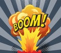 Comic poster wth cartoon explosion frame. Boom comic banner design. Hand drawn vector illustration. Colorful funny