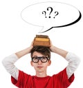 Comic schoolboy photo with books on the head and question marks in Speech balloon