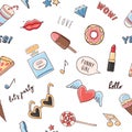 Comic seamless pattern with ice cream, diamond, donut, sunglasses, hashtags