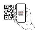 QR code scanning with mobile smartphone. Hand-drawn hand holding smartphone while scanning QR code. Vector