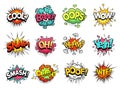 Comic sign clouds. Boom bang, wow and cool speech bubbles. Burst cloud expressions cartoon vector set Royalty Free Stock Photo