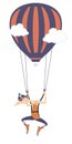 Cartoon skydiver flights on air balloon isolated illustration