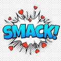 Comic smack. Cartoon pop vintage speech bubble word with halftone dotted shadow and hearts