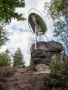 Comic speech bubble in the forest, low angle shot. Interesting lookout tower Spicka, Royalty Free Stock Photo