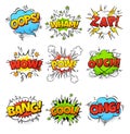 Comic speech bubbles. Cartoon explosions funny comic speech pop art, including oops, wham, zap, wow, pow,omg etc.