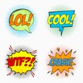 Comic speech bubbles with emotions - LOL. COOL. WTF. And CRASH. Cartoon sketch of dialog effects in pop art style on dots halftone Royalty Free Stock Photo