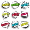 Comic speech bubbles with halftone shadows and colorful text isolated on white background. Hand drawn retro cartoon Royalty Free Stock Photo