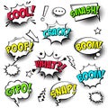 Comic speech bubbles with halftone shadows and colorful text isolated on white background. Hand drawn retro cartoon Royalty Free Stock Photo