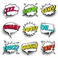 Comic speech bubbles with halftone shadows and colorful text isolated on white background. Hand drawn retro cartoon Royalty Free Stock Photo