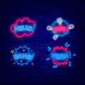 Comic speech bubbles neon signs collection. Hello and Bang. Oops and yeah. Editable stroke. Vector illustration