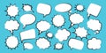 Comic speech bubbles. Outline, hand drawn retro cartoon stickers on blue background. Chatting and communication, dialog Royalty Free Stock Photo