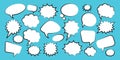 Comic speech bubbles. Outline, hand drawn retro cartoon stickers on blue background. Chatting and communication, dialog Royalty Free Stock Photo