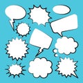 Comic speech bubbles. Outline, hand drawn retro cartoon stickers on blue background. Chatting and communication, dialog Royalty Free Stock Photo