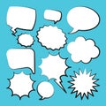 Comic speech bubbles. Outline, hand drawn retro cartoon stickers on blue background. Chatting and communication, dialog Royalty Free Stock Photo