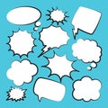 Comic speech bubbles. Outline, hand drawn retro cartoon stickers on blue background. Chatting and communication, dialog Royalty Free Stock Photo
