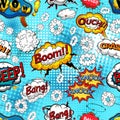 Comic speech bubbles seamless pattern with explosions and sound effects. Vector Royalty Free Stock Photo