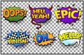 Comic speech bubbles set with different emotions and text Oops, Hell Yeah, Finish, Oh, Hello. Vector bright dynamic