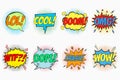 Comic speech bubbles set with emotions - LOL. COOL. BOOM. OMG. WTF. OOPS. CRASH. WOW. Cartoon sketch of dialog effects. Royalty Free Stock Photo