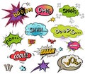 Comic speech bubbles and splashes set with different emotions and text Vector bright dynamic cartoon illustrations Royalty Free Stock Photo