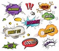 Comic speech bubbles and splashes set with different emotions and text Vector bright dynamic cartoon illustrations Royalty Free Stock Photo