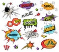Comic speech bubbles and splashes set with different emotions and text Vector bright dynamic cartoon illustrations Royalty Free Stock Photo