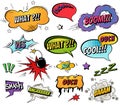 Comic speech bubbles and splashes set with different emotions and text Vector bright dynamic cartoon illustrations Royalty Free Stock Photo