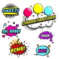 Comic speech bubbles with texts Bomb, congratulations, sweet and other. Vector pop art labels, stickers Royalty Free Stock Photo