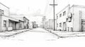 Comic Strip-esque Pencil Sketch Of Rural America City Street