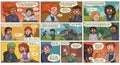 A comic strip featuring characters with varied hairstyles and expressions engaged in Royalty Free Stock Photo