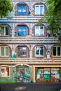 Comic-strip heros and fantasy painting of western house on house front, graffiti art on facade in hotspot of Dusseldorf, Germany