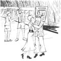 Comic strip. People say goodbye at the subway. A train. A woman is hugging with a man.