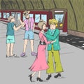 Comic strip. People say goodbye at the subway. A train. A woman is hugging with a man.