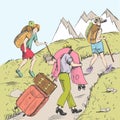 Comic strip. Tired travelers climb a mountain.