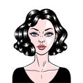 Comic style beautiful young brunette woman, pop-art face close-up, vector illustration Royalty Free Stock Photo