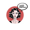 Comic style beautiful young woman holding a finger to her mouth in circle, secret, whisper, psst, pop art, vector illustration