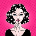 Comic style beautiful young woman holding a finger to her mouth in circle, secret, whisper, psst, pop art, vector illustration