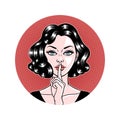 Comic style beautiful young woman holding a finger to her mouth in circle, secret, whisper, psst, pop art, vector illustration