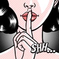 Comic style beautiful young woman holding a finger to her mouth, secret, whisper, psst, pop art, vector illustration Royalty Free Stock Photo