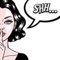 Comic style beautiful young woman holding a finger to her mouth, secret, whisper, psst, pop art, vector illustration Royalty Free Stock Photo