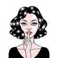 Comic style beautiful young woman holding a finger to her mouth, secret, whisper, psst, pop art, vector illustration Royalty Free Stock Photo