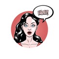 Comic style beautiful young woman surprised expression, open mouth, omg, wow, pop art, vector illustration Royalty Free Stock Photo