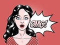 Comic style beautiful young woman surprised expression, open mouth, omg, wow, pop art, vector illustration Royalty Free Stock Photo