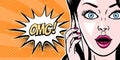 Comic style beautiful young woman talking on the mobile phone, surprised expression, open mouth, pop art girl banner, vector