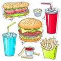 Comic style colorful icons, set fast food, hamburger, hot dog, drinks Royalty Free Stock Photo