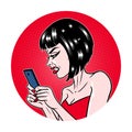 Comic style girl angry at her phone message, beautiful young brunette woman, pop art, vector illustration