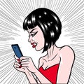 Comic style girl angry at her phone message, beautiful young brunette woman, pop art, vector illustration Royalty Free Stock Photo